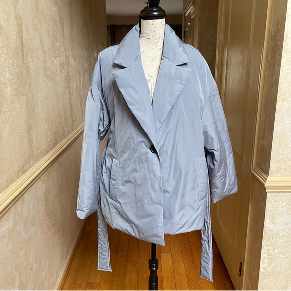 ZARA Padded Blazer Style Jacket with Belt Dusty Blue Quilted Puffer Coat Size XL - Picture 14 of 14